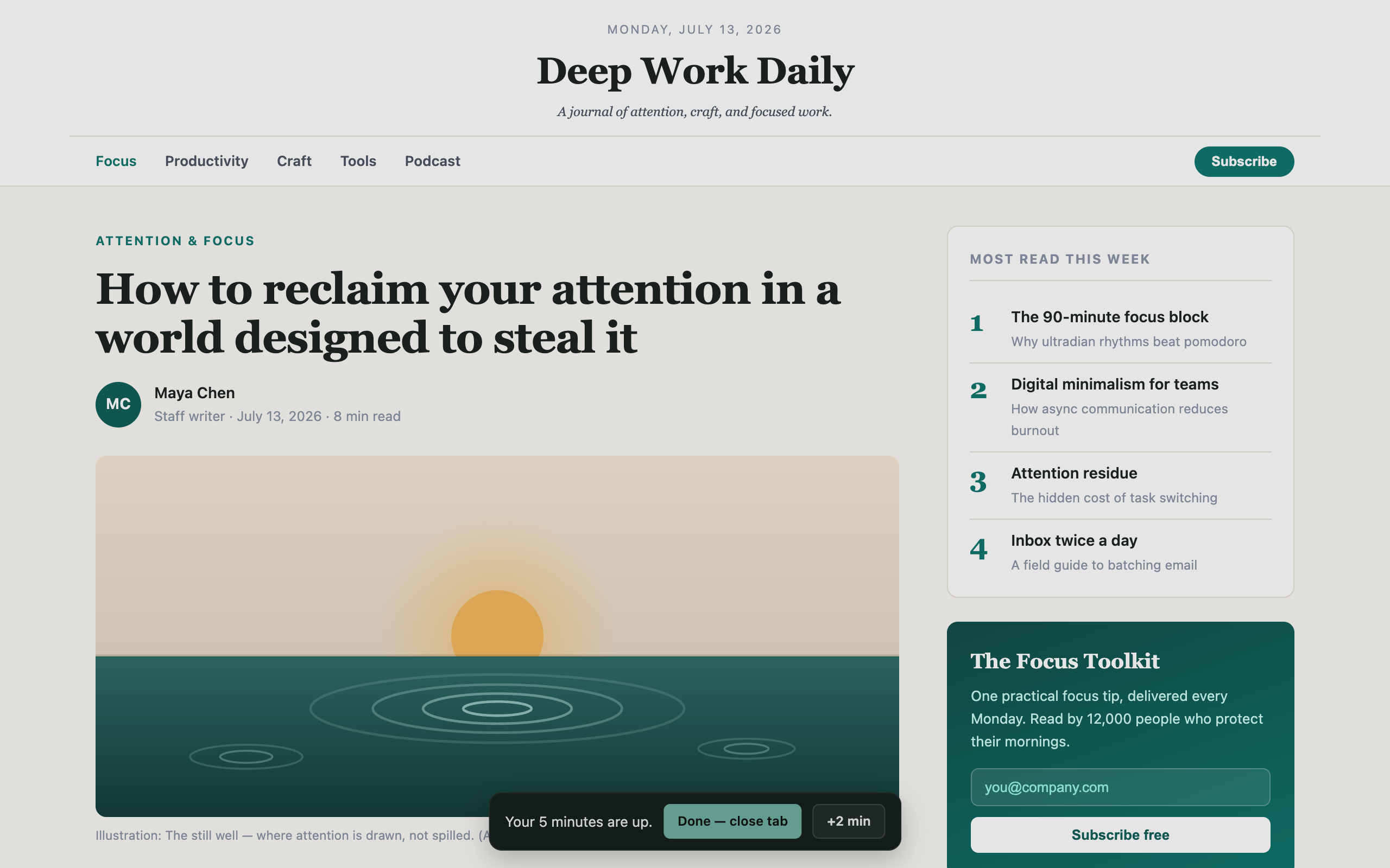Dimmed article page with the expiry banner: Your 5 minutes are up — close the tab or extend