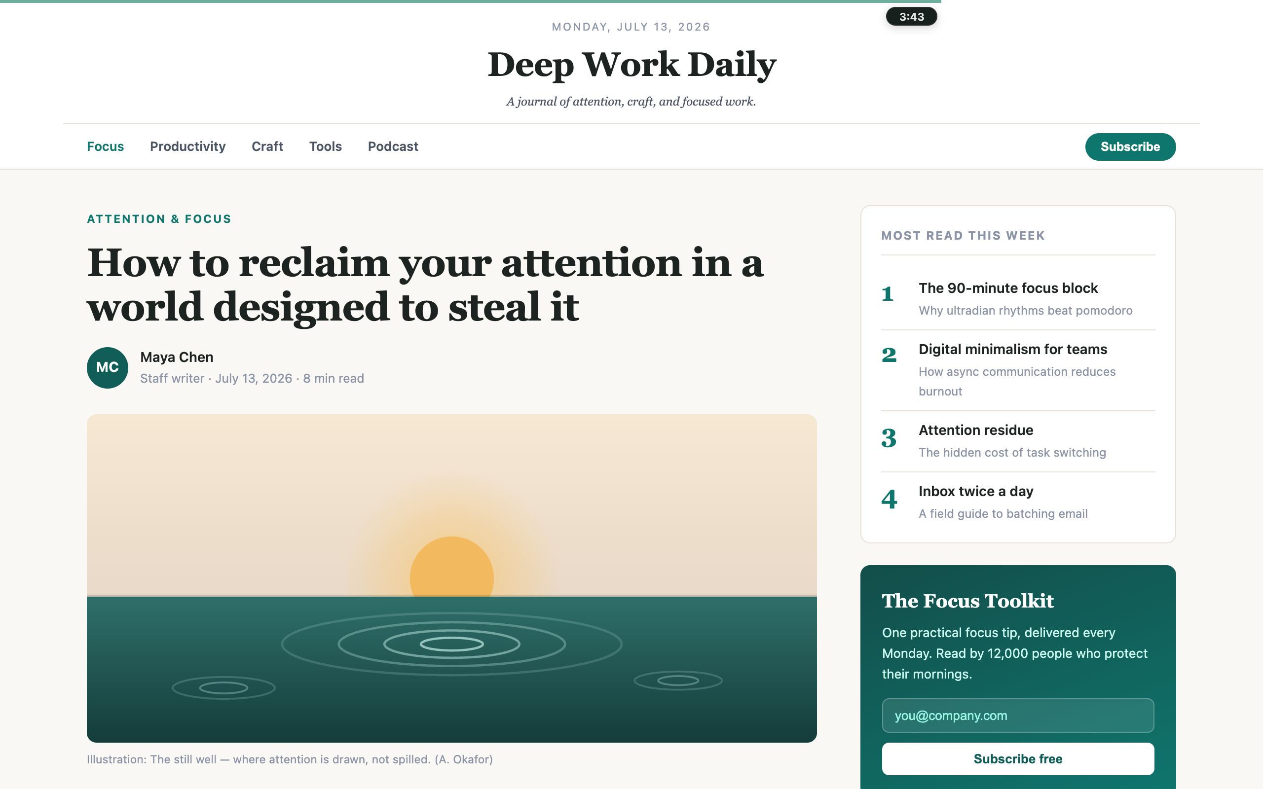 Article page with BrowseWell's pass bar at the top, counting down the minutes left in the pass