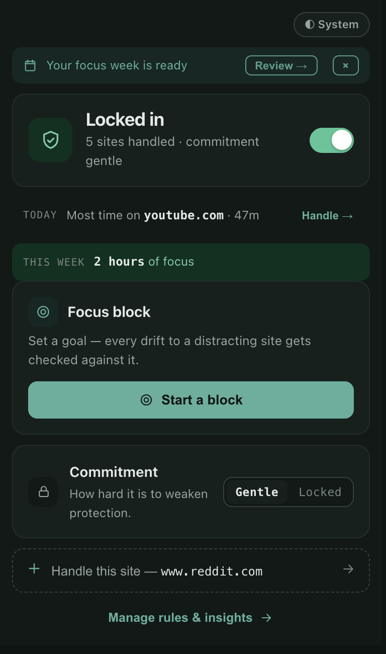 The BrowseWell popup: protection status, today's time stats, and focus-block controls